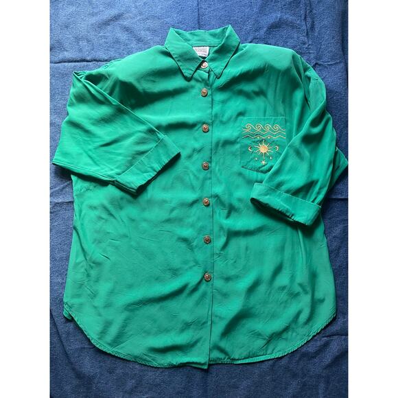 R&M Richards by Karen Kwong Celestial Green Blouse with Shoulder Pads - Picture 1 of 6